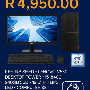 Refurbished Lenovo V530 Desktop Set – i5-8400 • 240GB SSD • 19.5" LED Phillips Monitor