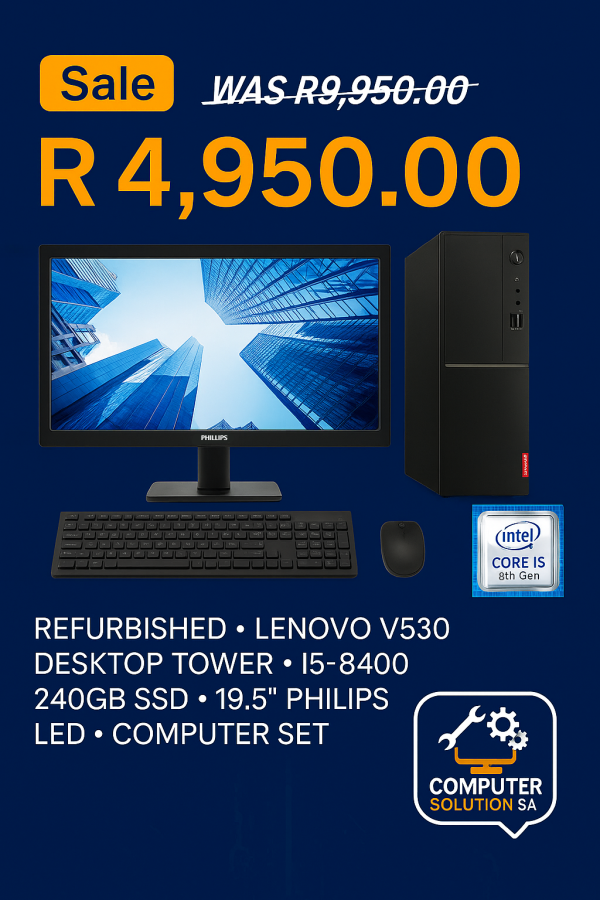 Refurbished Lenovo V530 Desktop Set – i5-8400 • 240GB SSD • 19.5" LED Phillips Monitor